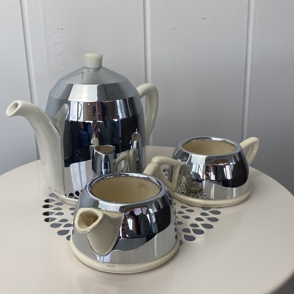 3 Piece Vintage Art Deco Everhot Insulated chrome tea set teapot sugar bowl milk